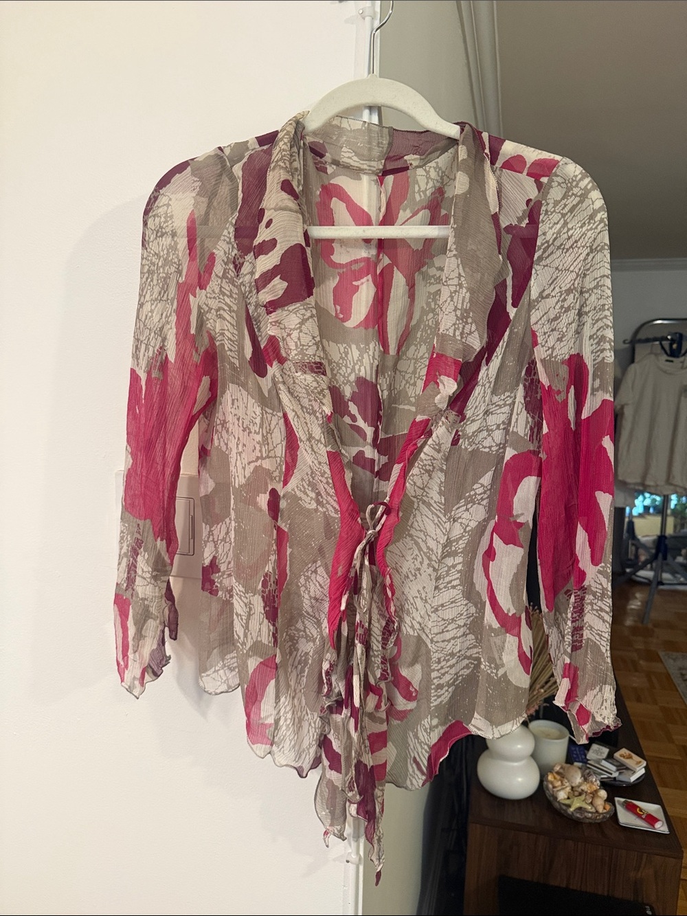 NIC+ZOE Vintage Y2K 100% Silk Chiffon Tie Front Ruffle Blouse Pink Grey M